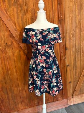 B Darlin Navy Floral One-Shoulder Ruffle Dress